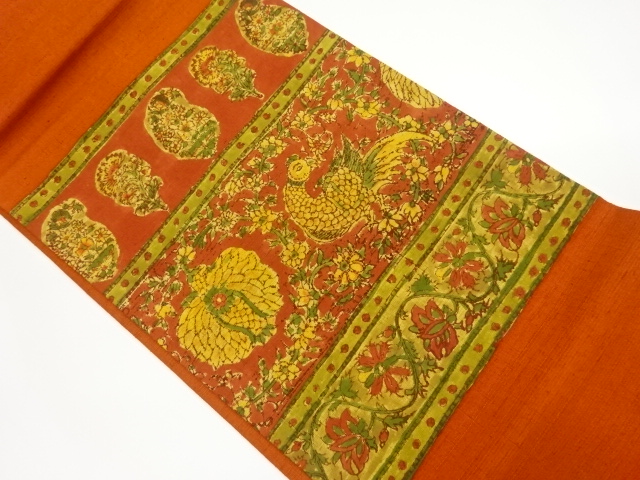 手織り紬横段に花鳥・花唐草模様名古屋帯